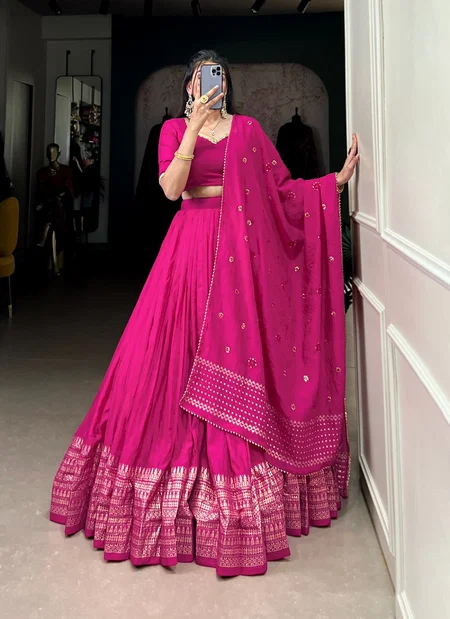 Pink Colour Pure Chanderi Plain With Zari Weaving Work Border Lehenga With Blouse Dupatta Lnb1906
